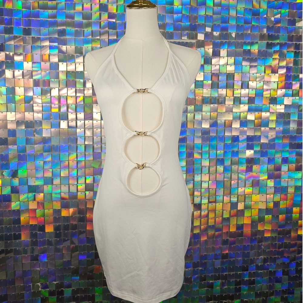 Cutout Halter‎ Mini Dress Womens Small White Gold Chain Hardware Euphoria